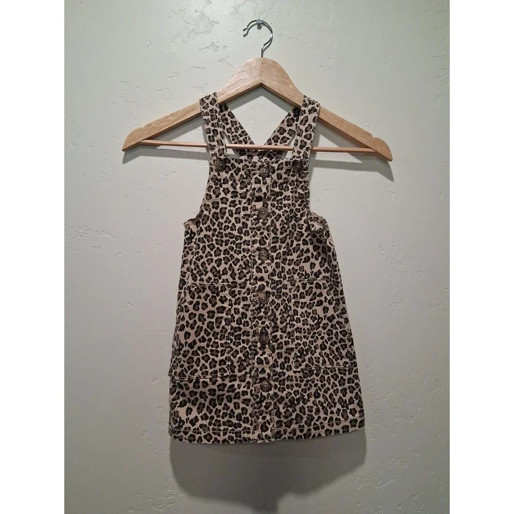 SET OF 2:  Wonder Nation 4T Denim & Animal Print Button Up Overall Dresses